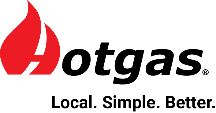 The image features the logo for Hotgas, which includes a stylized red flame next to the black text "Hotgas." Below the logo, the tagline reads "Local. Simple. Better.
