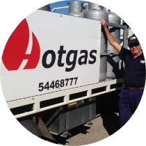 A man wearing a cap and dark clothing stands next to a truck labeled "Hotgas" and "54468777," which is loaded with large gas cylinders.