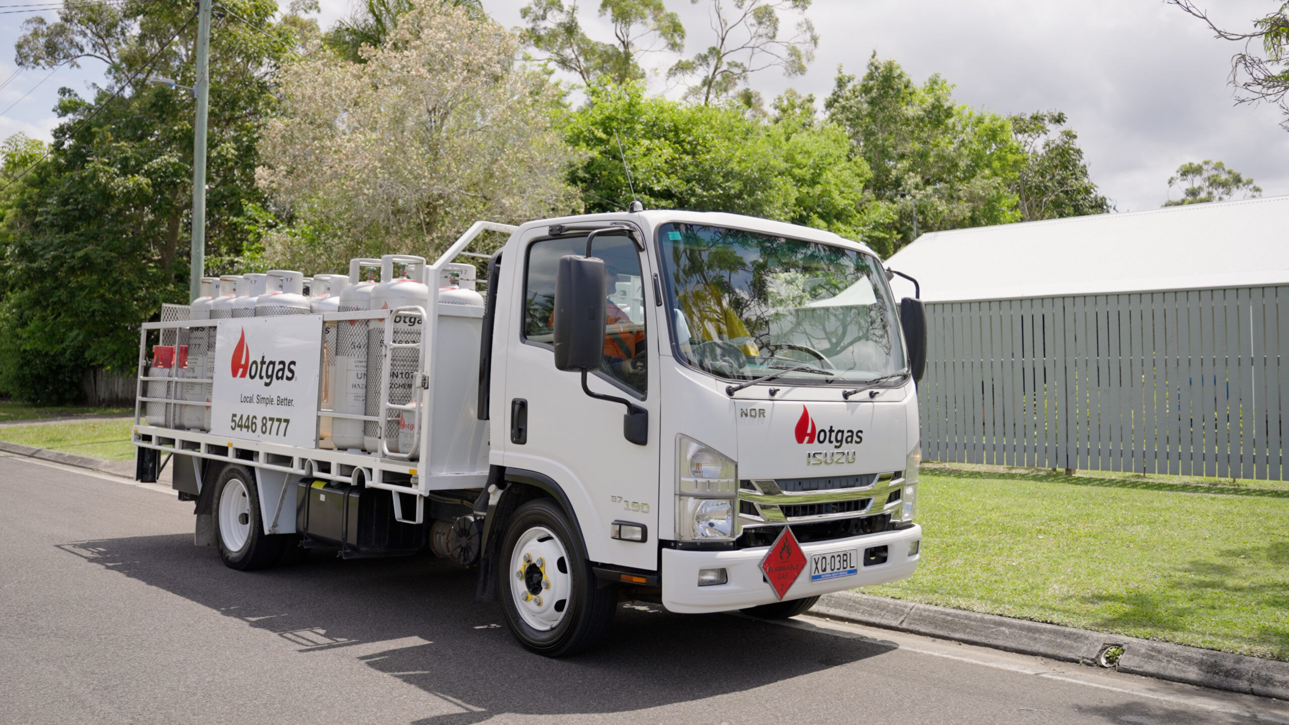 A white Hotgas delivery truck parked on a residential street, carrying large gas cylinders. There are trees and a house with a metal fence in the background under a cloudy sky.